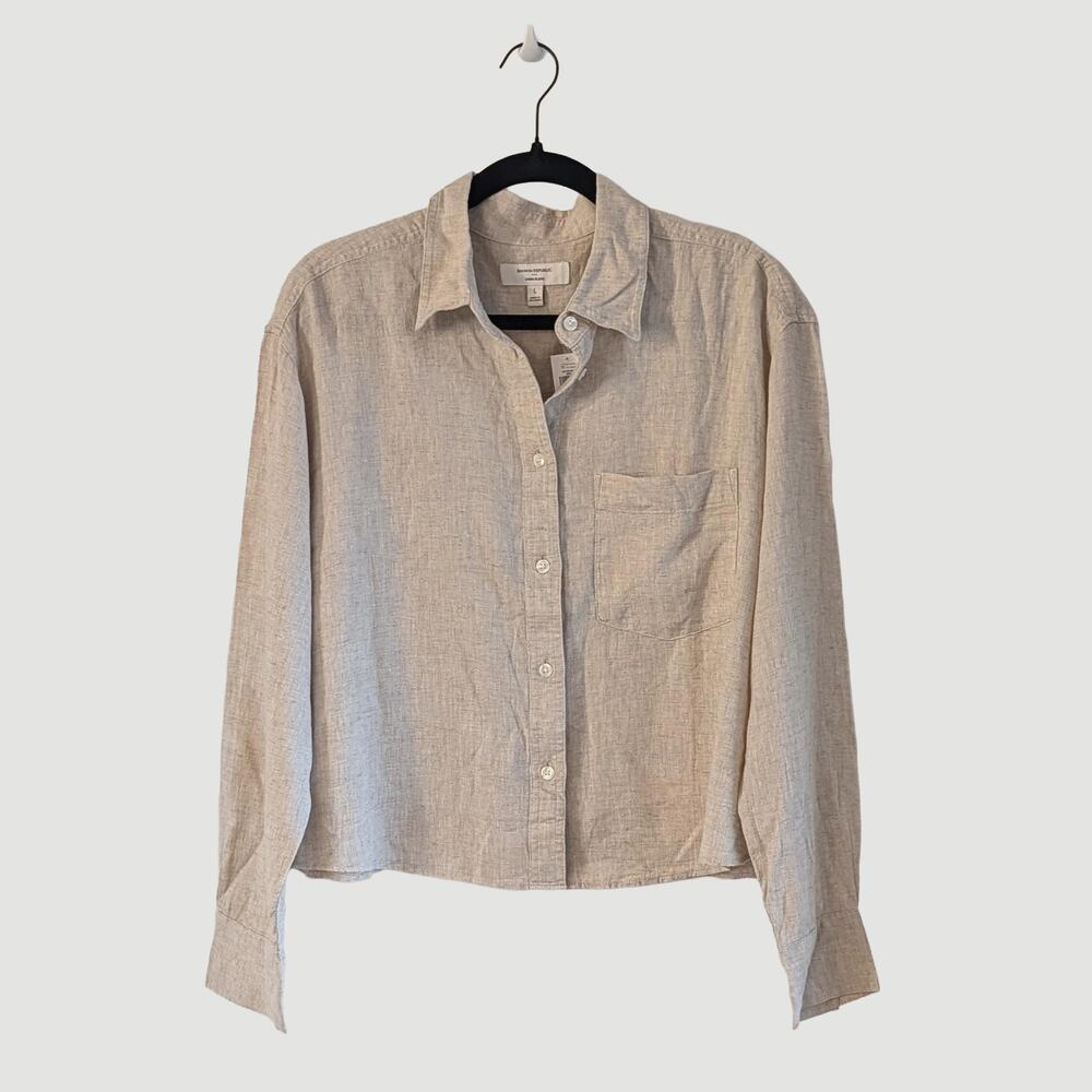 Banana Republic Linen Blend Button Down Shirt Beige Cropped Pocket Top NWT L